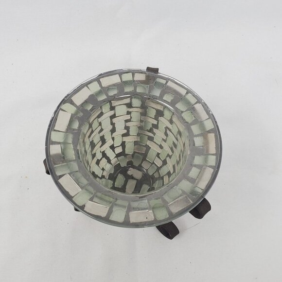 MOSAIC GLASS VOTIVE TEA LIGHT CANDLE HOLDER WITH BROWN METAL STAND - Picture 5 of 11